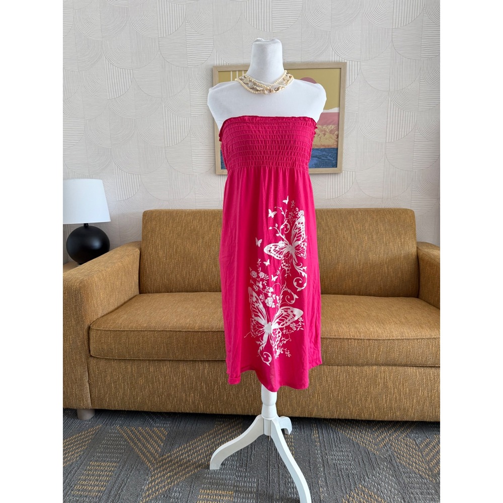 1955 Vintage Hot Pink Butterfly Graphic Smocked Tube Dress XL Y2K Made in USA
